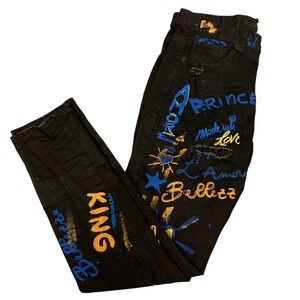 Kloud 9 Mens Black Graffiti Embroidered Slim Fit Jeans 34x32 Fashion Excess King